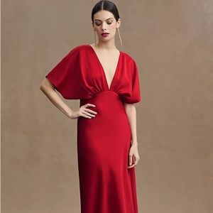 BHLDN Leila Deep-V Flutter-Sleeve Satin A-Line Gown